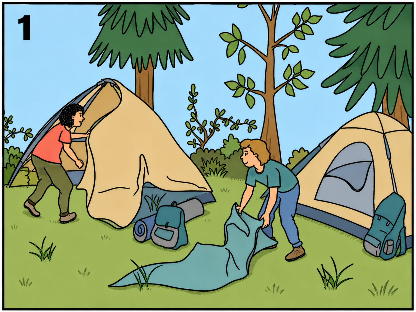 Zwei Personen bauen Zelte beim Camping im Wald auf.